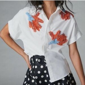 Anthropologie  DHRUV KAPOOR Beaded Top Women XL* White Orange Blue Button Down